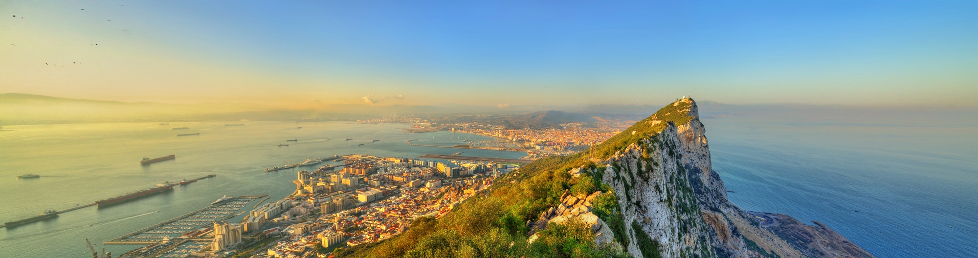 Panoramic picture of Gibraltar city. Focus on the rock of Gibraltar